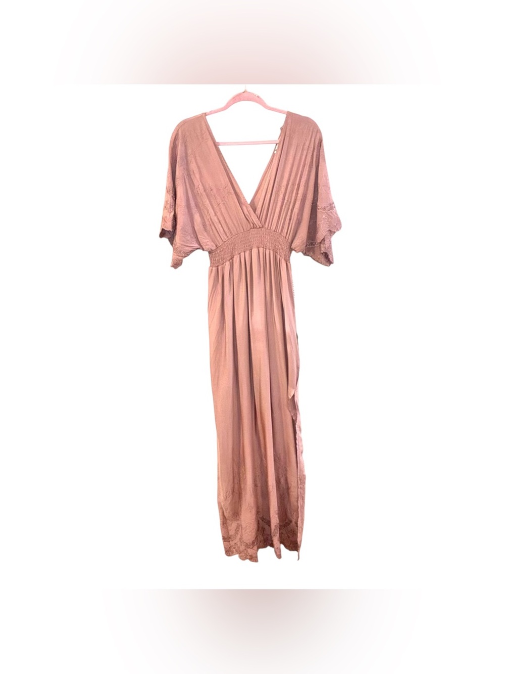 iris Dusty Pink V-Neck Maxi Dress Size L Embroidered Accents Dolman Sleeves NWT